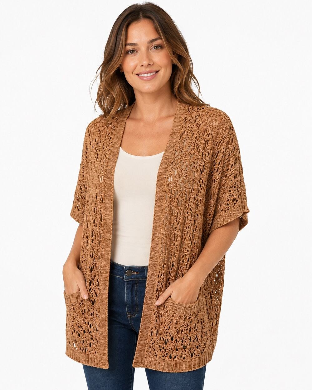 Crochet  duster Camel Tan Boho Open Knit Oversized Pockets